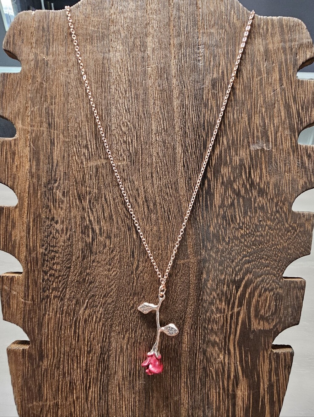 ​Delicate Red Rose Pendant Necklace - Gold Tone Chain​